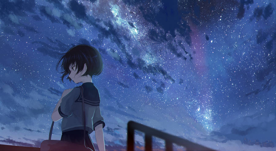 Girl With Bag Anime Night Sky Wallpaper