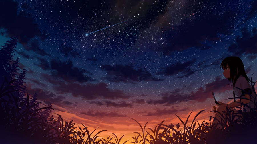 Girl With Phone Anime Night Sky Wallpaper