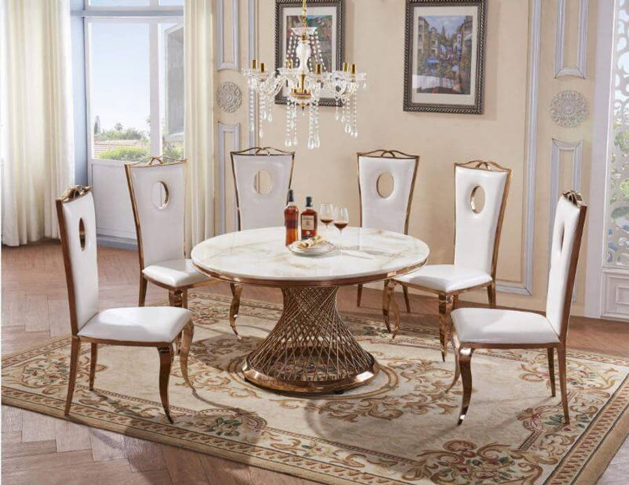 Glamorous Dining Area With Rose Gold Marble Accents Wallpaper