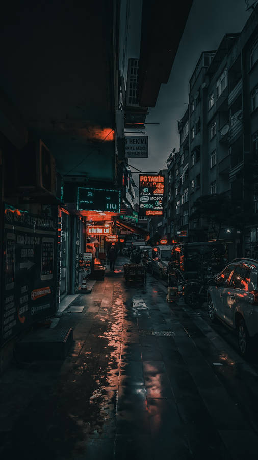 Gloomy Sidewalk With Neon Sign Boards Wallpaper