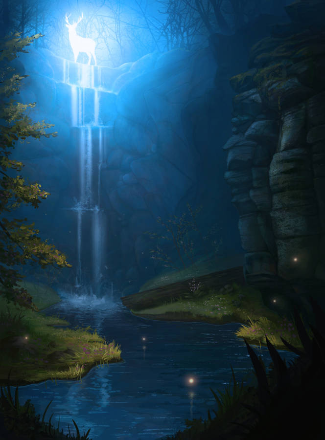 Glowing Deer Above Waterfall Wallpaper