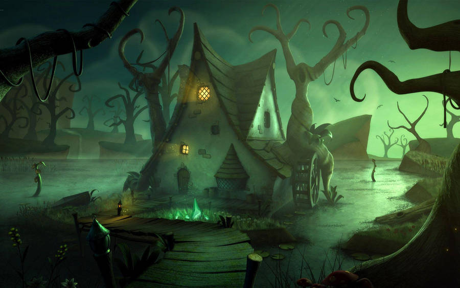 Glowing Green Haunted House In Swamp Wallpaper