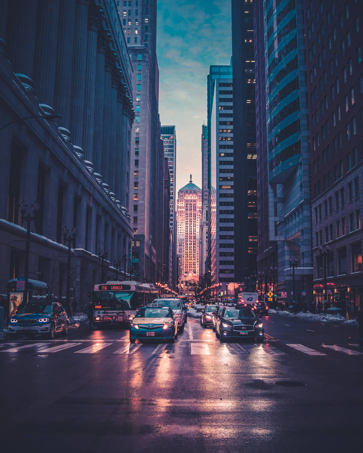 Glowing Streets Of Chicago City Background Wallpaper