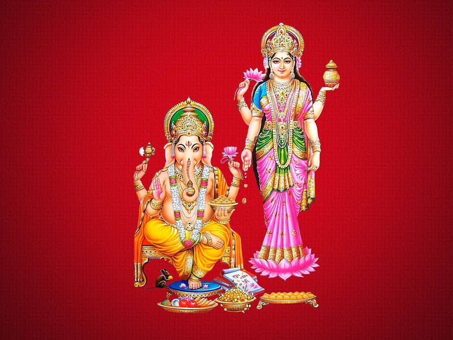 Goddess Lakshmi And Ganesh Red Aesthetic Hd Wallpaper