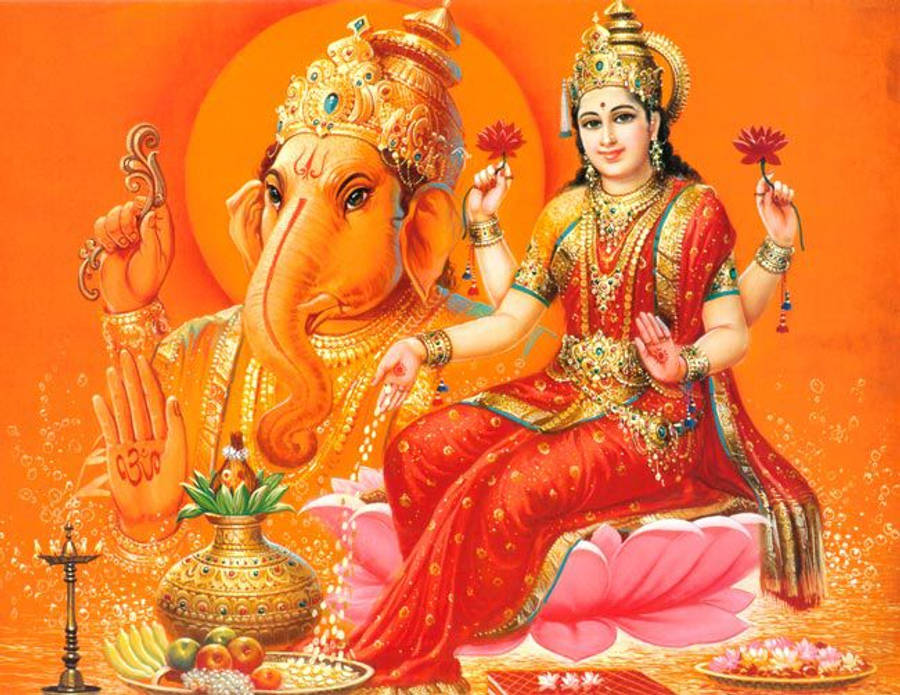 Goddess Lakshmi With Lord Ganesh Wallpaper