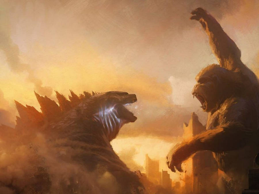 Godzilla Vs King Kong Fighting In Sunset Wallpaper