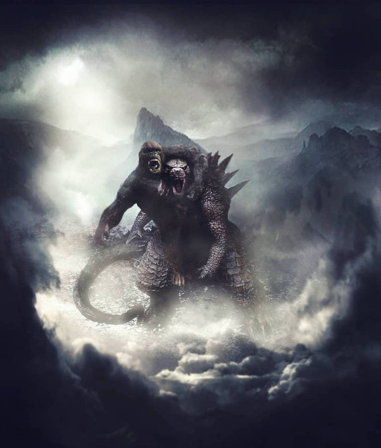 Godzilla Vs Kong Fighting In Dark Clouds Wallpaper