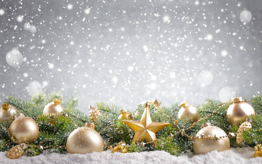 Gold Christmas Balls With Winter Snow Wallpaper