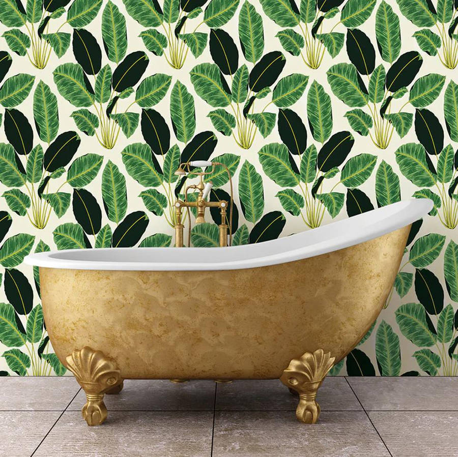 Gold White Bathtub Plants Wallpaper Wallpaper