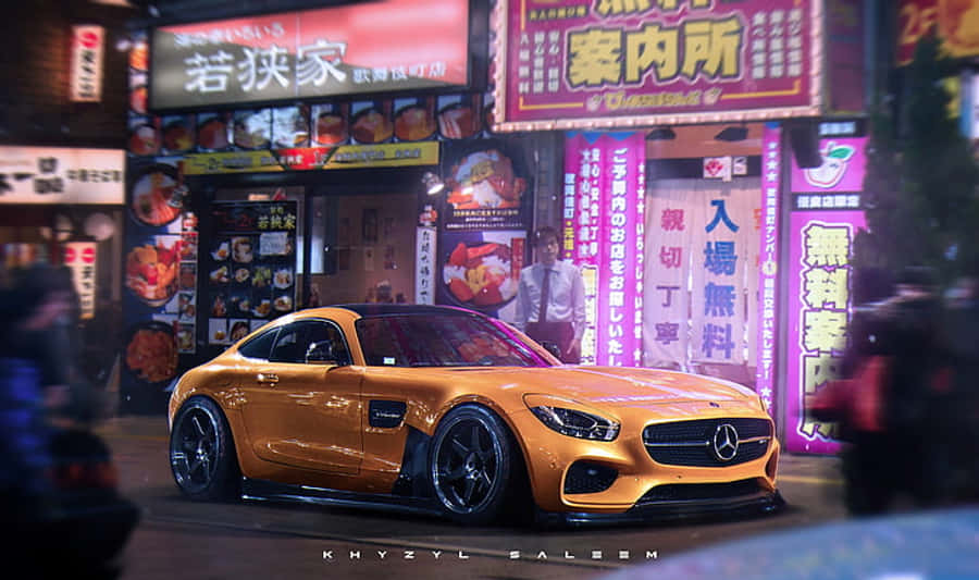 Golden Mercedes A M G Urban Nightscape Wallpaper