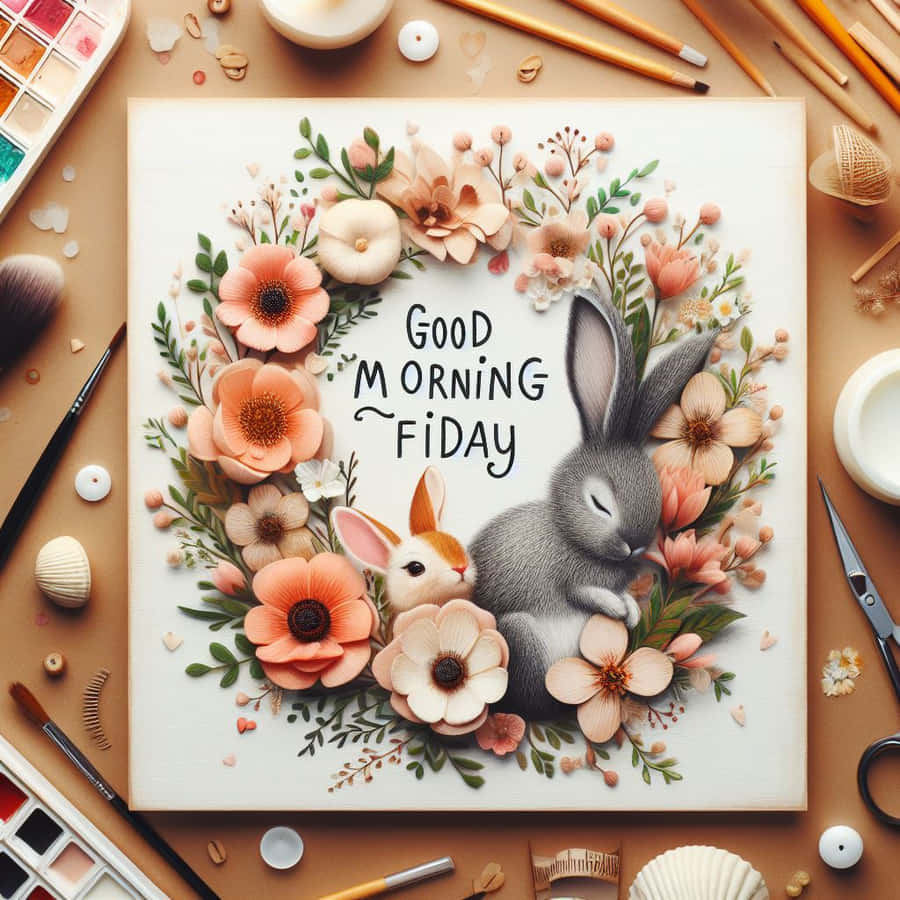 Good Morning Friday Bunny Floral Artwork Wallpaper