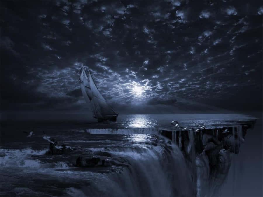 Gothic Computer Boat By Waterfall Wallpaper