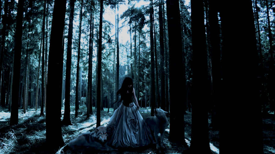 Gothic Computer Girl In Forest Wallpaper