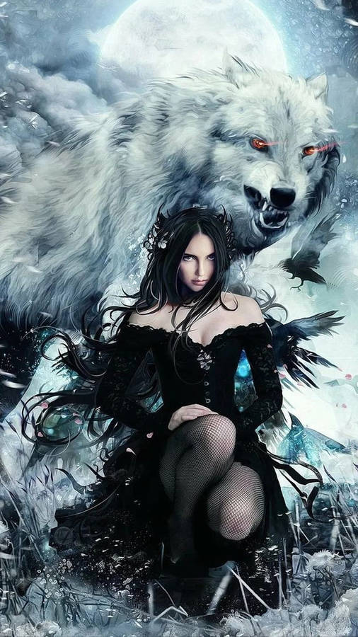 Gothic Wolf Girl In Mysterious Aura Wallpaper