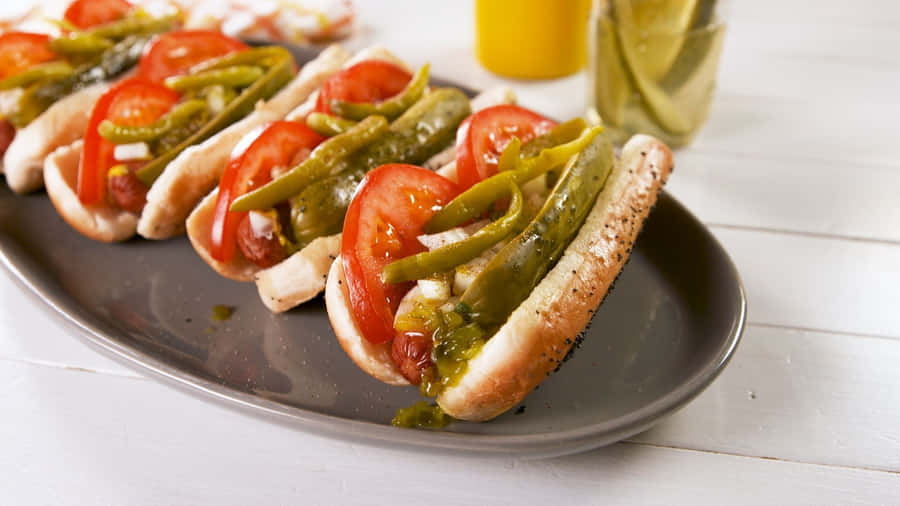 Gourmet Hot Dogswith Toppings Wallpaper