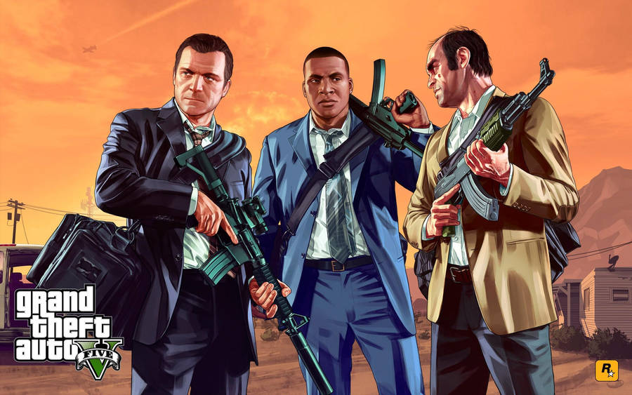 Grand Theft Auto V Protagonists Under Orange Skies Wallpaper