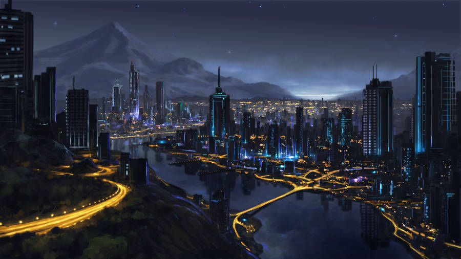 Graphic Art Fantasy City At Night Wallpaper