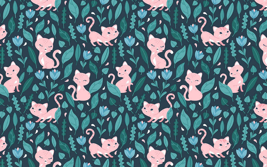 Green Aesthetic Cute Cat Pattern Wallpaper