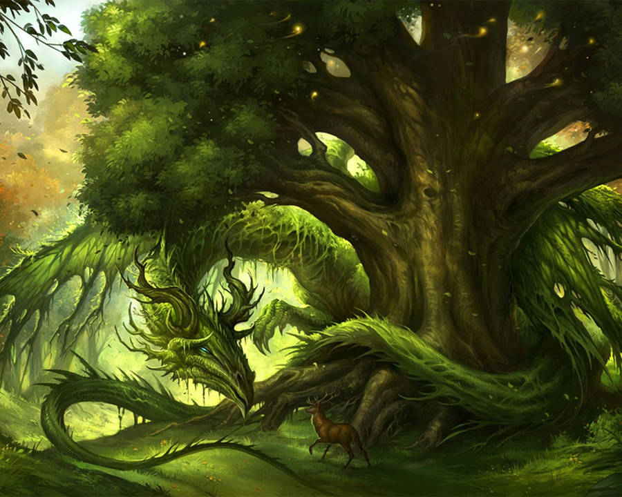 Green Earth Dragon Coil On Tree Wallpaper