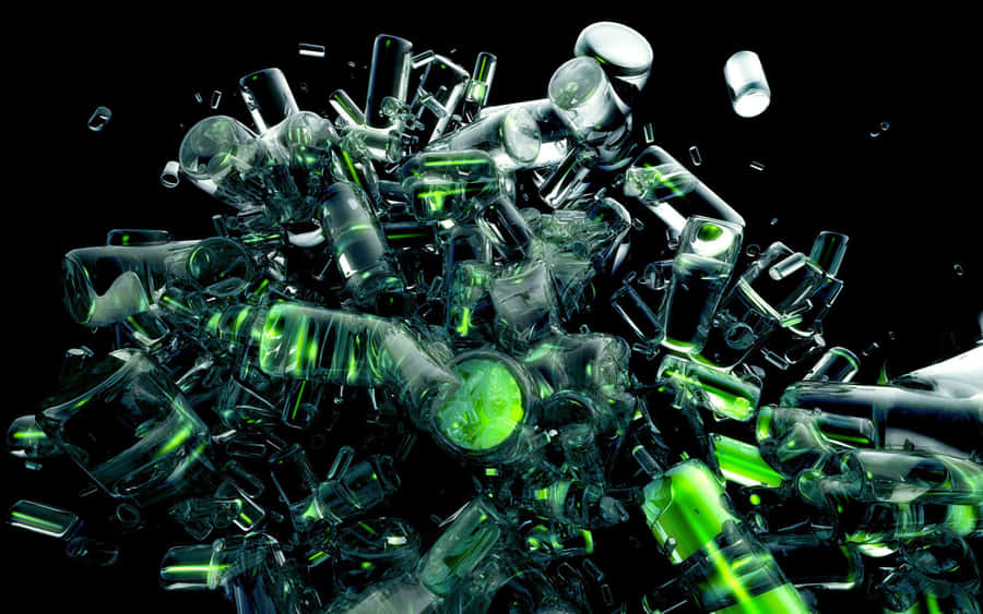 Green Glass Bottles Falling Down On A Black Background Wallpaper