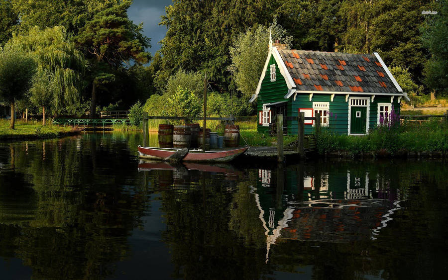 Green House Along The Riverside Wallpaper