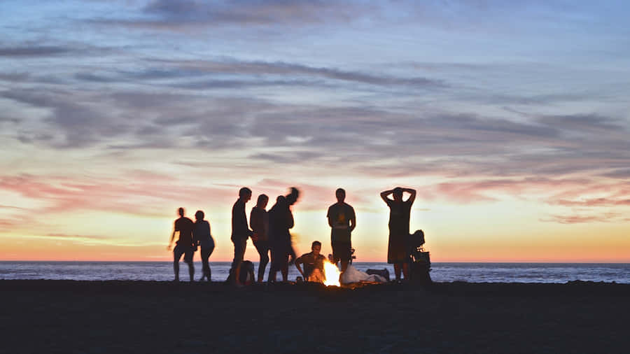 Group Of Friends Beach Campfire Wallpaper