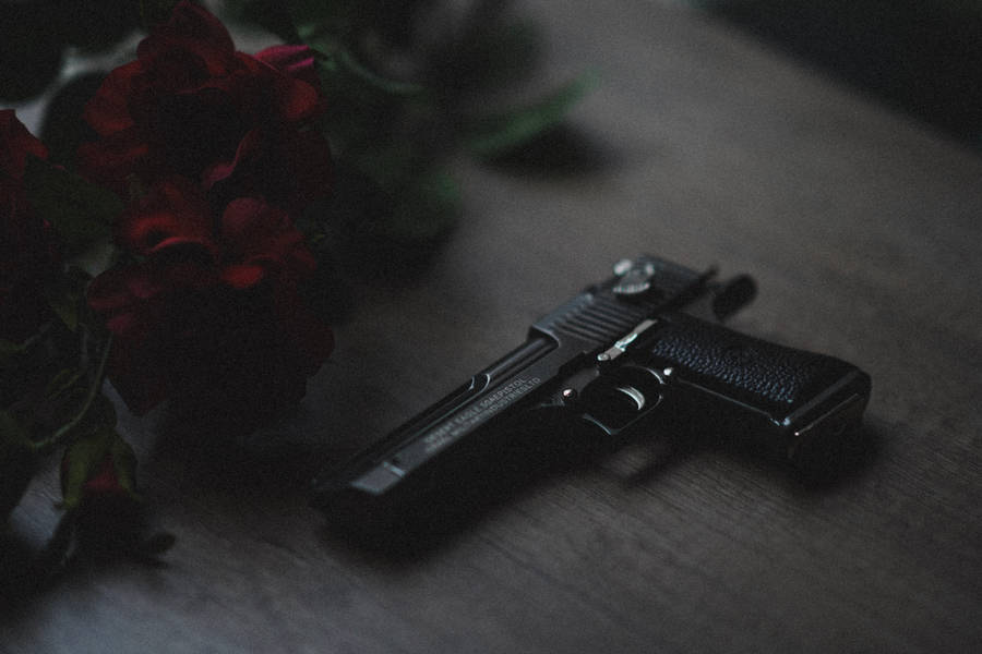 Gun And Red Roses Wallpaper