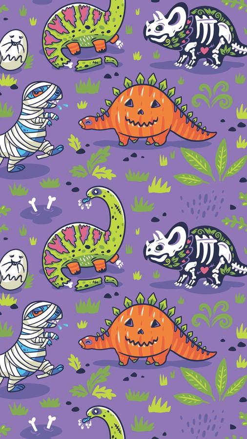 Halloween-themed Dino Kawaii Iphone Wallpaper