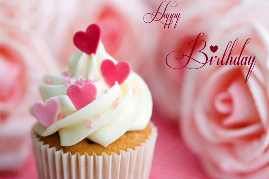 Happy Birthday Cupcakewith Hearts Wallpaper