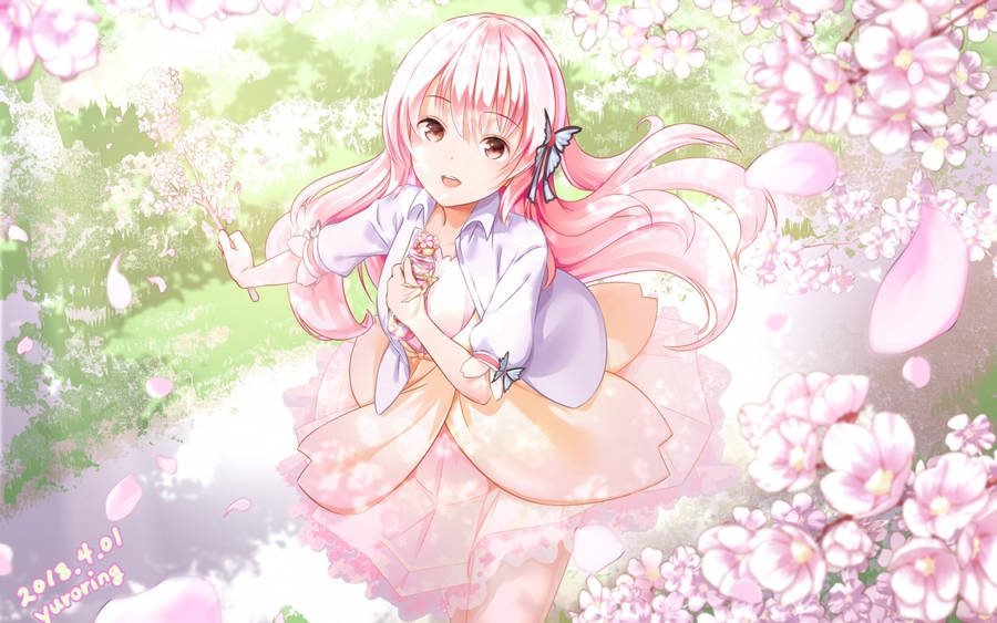 Happy Girl Sakura Bunga Wallpaper