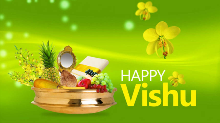 Happy Vishu Greeting With Fruits And Blooms Wallpaper