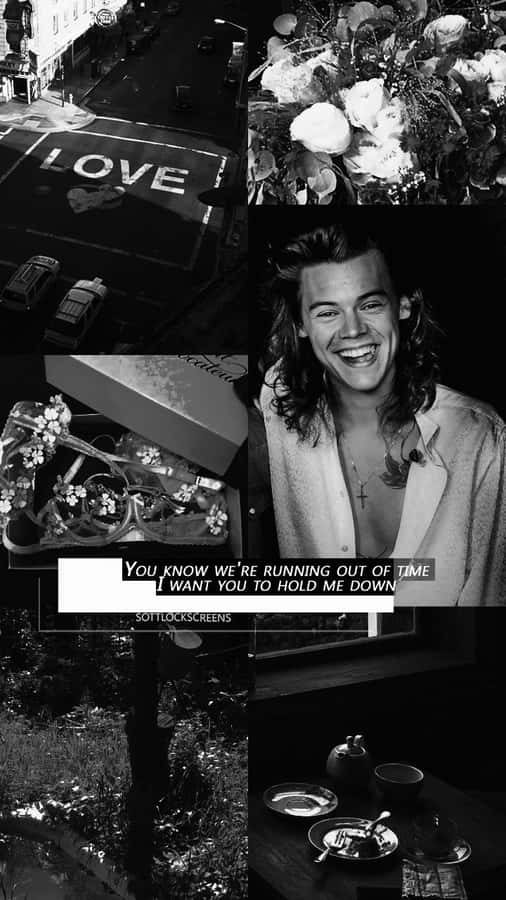 Harry Styles Black And White Collage With Gifts Wallpaper