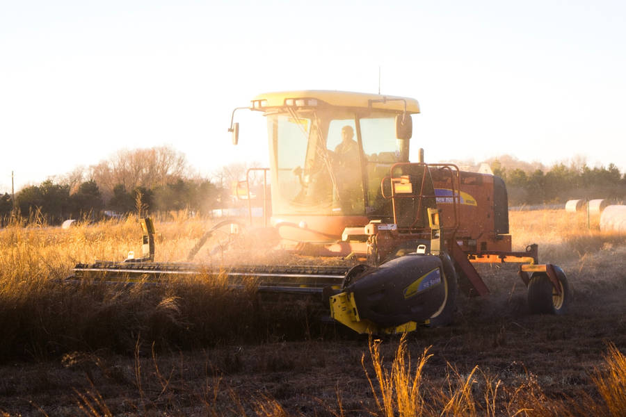 Harvesting Farm Cereals With Yellow Combine Harvester Wallpaper