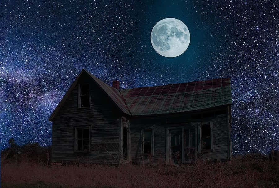 Haunted_ House_ Under_ Full_ Moon Wallpaper