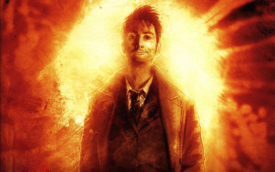 High Definition Image Of Doctor Who With Blazing Background Wallpaper
