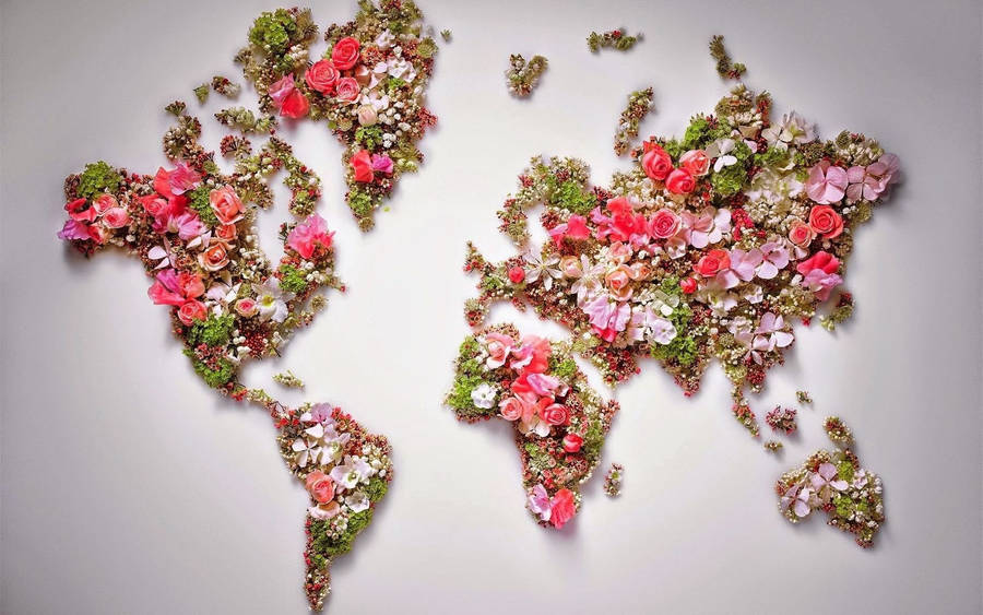 High Resolution Pink Floral World Map Wallpaper