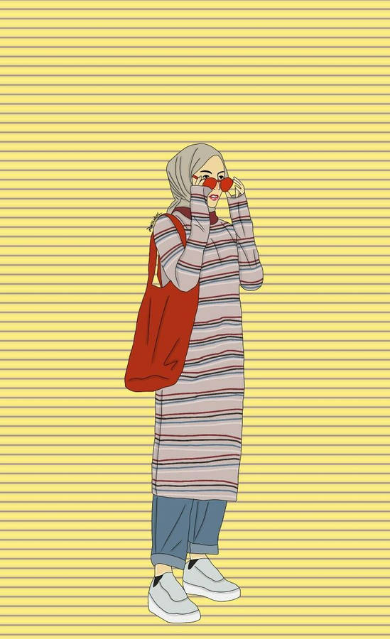 Hijab Cartoon Striped Yellow Background Wallpaper