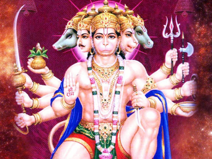 Hindu Deity Panchmukhi Hanuman With Purple Bells Wallpaper