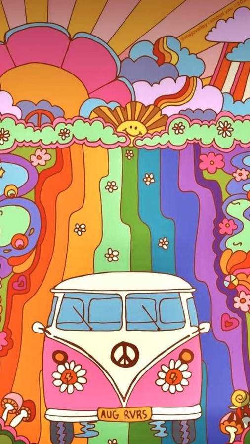 Hippie Aesthetic Bus With Rainbow Wallpaper