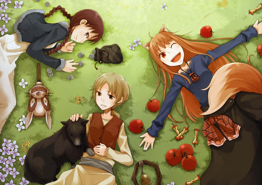Holo, The Wise Wolf Traveling Through The Countryside With Her Merchant Companion. Wallpaper