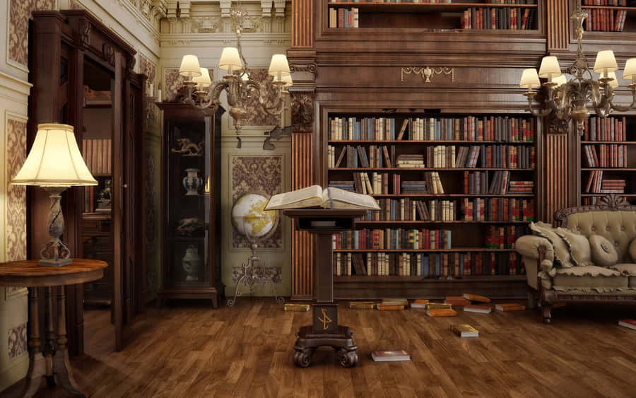 Home Library Bookcase Lamp Wallpaper