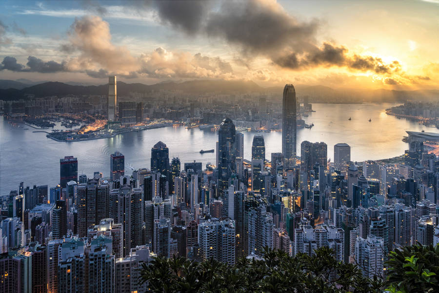 Hong Kong Victoria Harbour Golden Sunrise Wallpaper