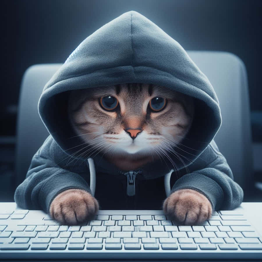 Hooded Cat Typingat Keyboard Wallpaper