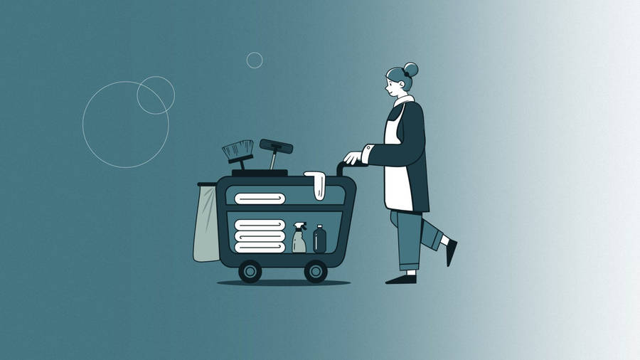 Hotel Housekeeper Pushing A Cleaning Cart Vector Art Wallpaper