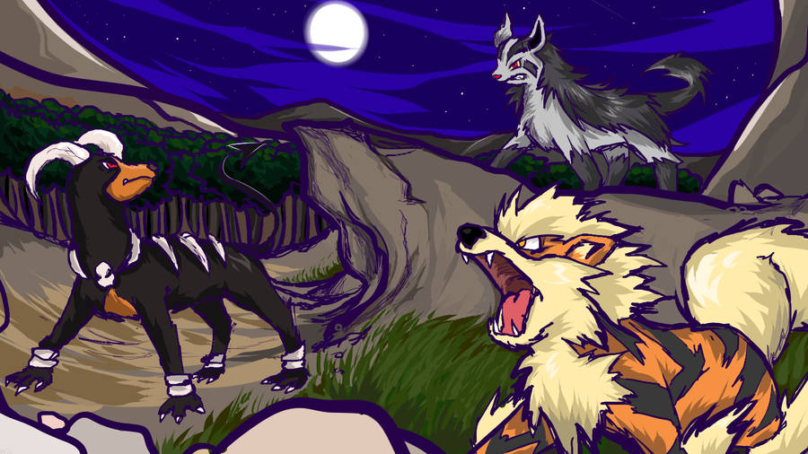 Houndoom, Arcanine, And Mightyena Beneath The Moon Wallpaper