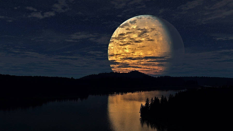 Huge Beautiful Moon Over A River Wallpaper