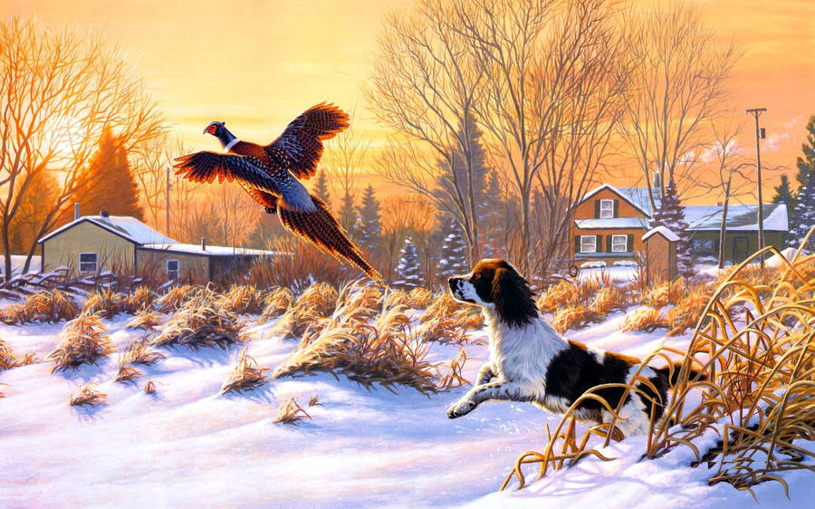 Hunting Dog Chasing Bird Wallpaper