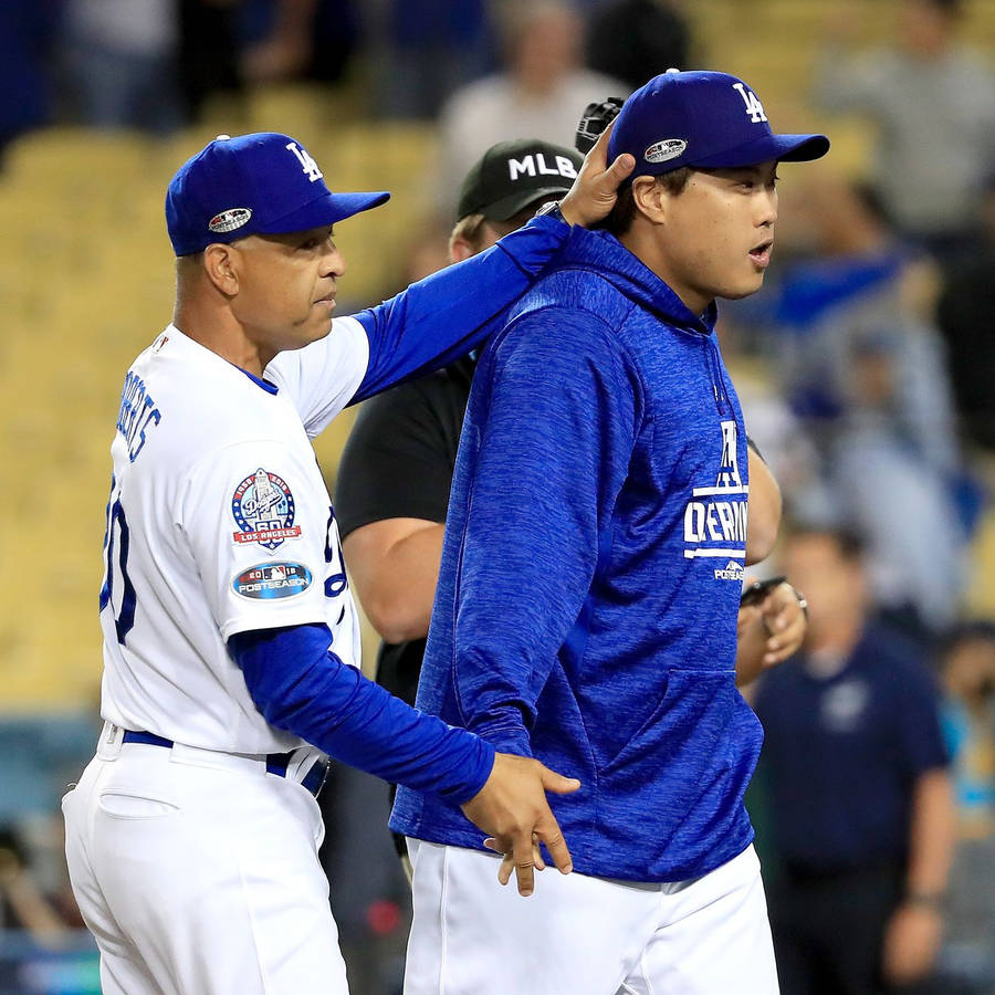 Hyun Jin Ryu Wearing Blue Hoodie Wallpaper