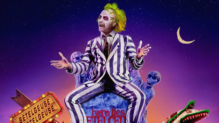 Iconic Michael Keaton As Beetlejuice In Classic Movie Poster Wallpaper