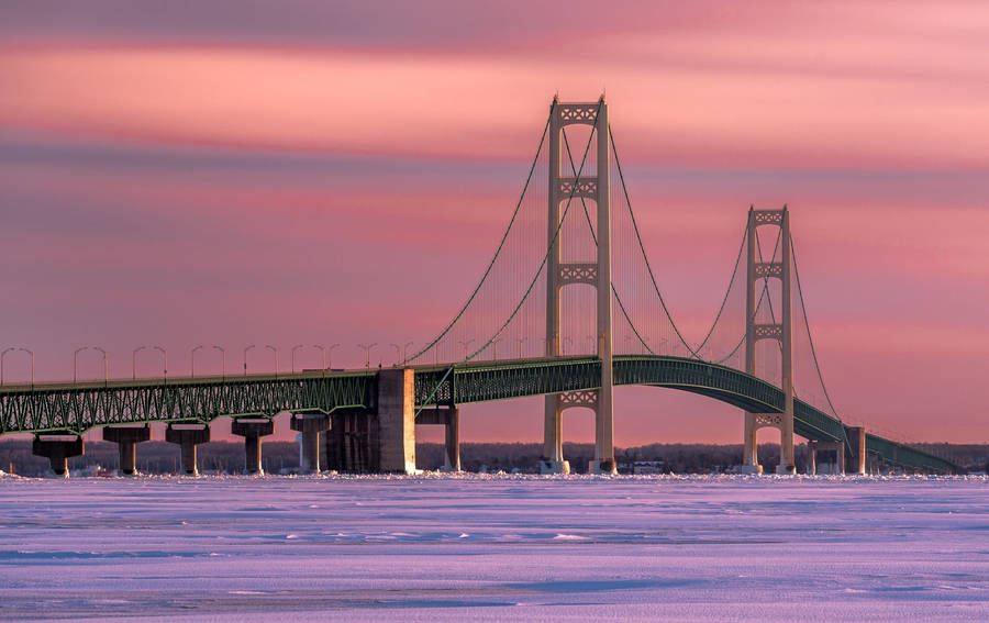 Icy Mackinac Bridge With Gradient Sky Wallpaper